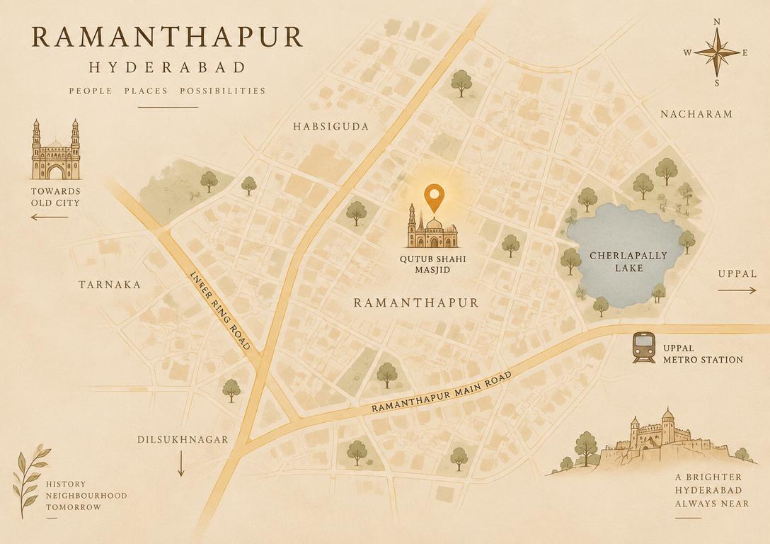 Stylized map of Ramanthapur, Hyderabad with a pin at Qutub Shahi Masjid